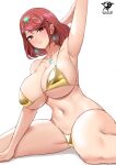  1girl arm_behind_head armpits artist_logo bikini breasts core_crystal_(xenoblade) drop_earrings earrings gold_bikini highres huge_breasts jewelry kaos_art looking_at_viewer navel pyra_(xenoblade) red_eyes red_hair short_hair sitting smile solo star_(symbol) star_earrings string_bikini swept_bangs swimsuit thighs tiara white_background xenoblade_chronicles_(series) xenoblade_chronicles_2 