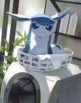  animal_focus blue_eyes blue_fur blue_sclera closed_mouth colored_sclera glaceon in_basket indoors laundry laundry_basket looking_at_viewer lying mirror nagasaki_wonderful no_humans pokemon pokemon_(creature) sitting solo two-tone_fur washing_machine 