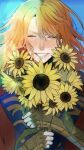  1boy blue_background closed_eyes commentary_request ferdinand_von_aegir fire_emblem fire_emblem:_three_houses flower gauntlets highres holding holding_flower long_hair male_focus orange_hair sadakadeha_nai simple_background smile solo teeth yellow_flower 