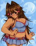  1girl belt blue_sky borrowed_character breasts brown_eyes brown_hair buckle cleavage cowboy_shot glasses hair_ornament hairclip heart heart-shaped_buckle heart_belt heart_hair_ornament highres large_breasts long_hair midriff nanaco_(hott0g111) navel original pleated_skirt plump red-framed_eyewear red_belt skirt sky solo sparkle star_(symbol) straberrymiilk_(artist) very_long_hair 