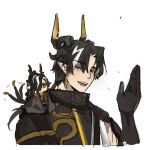  2boys antlers arknights black_hair brothers chibi chinese_commentary chong_yue_(arknights) commentary_request dragon_boy dragon_horns dragon_tail earrings hair_over_one_eye hand_up horns jewelry long_hair looking_at_viewer low_ponytail male_focus mini_person miniboy multicolored_hair multiple_boys on_shoulder one_eye_closed open_mouth pointy_ears red_eyes shinra_18 siblings simple_background single_sleeve streaked_hair tail tail_wagging upper_body wang_(arknights) waving white_background white_hair yellow_eyes 