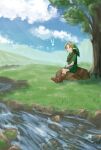  1boy boots brown_footwear cloud cloudy_sky fairy grass green_tunic highres holding_ocarina leather leather_boots link navi outdoors river rock sitting sitting_on_rock sky the_legend_of_zelda the_legend_of_zelda:_ocarina_of_time tree young_link yuuyou_(link1357zelda) 