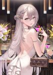  1boy 1girl absurdres aqua_eyes back backless_dress backless_outfit bar_(place) bare_shoulders blurry blurry_background blush braid breasts cup dress earrings flower french_braid from_behind grey_hair hair_between_eyes highres holding holding_cup indoors jewelry long_hair looking_at_viewer looking_back night okuma_mai original parted_lips rose sleeveless sleeveless_dress smile solo_focus very_long_hair white_dress 