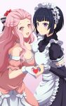  2girls alieze_de_saloum apron black_dress black_hair blush braid breast_press breasts cleavage closed_mouth dress eris_(dai_nana_oji) from_side gloves gradient_eyes hair_ribbon heart heart_hands heart_hands_duo highres holding_hands ishida_seito large_breasts long_hair looking_at_viewer maid maid_apron maid_headdress multicolored_eyes multiple_girls open_mouth pink_dress pink_eyes pink_hair purple_eyes ribbon short_hair simple_background smile strapless strapless_dress striped_ribbon symmetrical_docking tensei_shitara_dai_nana_oji_datta_no_de:_kimama_ni_majutsu_o_kiwamemasu upper_body very_long_hair white_apron white_gloves white_headdress 