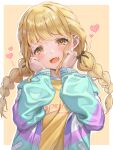  1girl absurdres blonde_hair blush braid fang fujita_kotone gakuen_idolmaster hands_on_own_cheeks hands_on_own_face heart highres idolmaster jacket long_hair long_sleeves looking_at_viewer multicolored_clothes multicolored_jacket shirt simple_background smile solo twin_braids two-tone_background upper_body wari_sando yellow_background yellow_eyes yellow_shirt 
