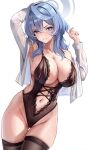  1girl ako_(blue_archive) alternate_costume areola_slip armpits black_hairband blue_archive blue_eyes blue_hair blue_halo breasts brown_thighhighs cleavage clenched_teeth collarbone commentary fingernails hair_between_eyes hairband halo highres large_breasts lingerie long_sleeves looking_at_viewer medium_hair navel open_clothes open_shirt shirt simple_background solo stone_(ksorede) teeth thighhighs thighs underwear white_background white_shirt 