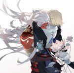  2boys absurdres back_cutout bare_shoulders black_shirt black_sleeves blonde_hair braid character_request closed_eyes clothing_cutout colored_skin cowboy_shot facial_mark flower forehead_mark from_behind gold_armlet highres lily_pad long_hair long_sleeves lotus male_focus multiple_boys onmyoji pink_flower red_skin shirt short_hair shoulder_tattoo simple_background single_braid sleeveless sleeveless_shirt taishakuten_(onmyoji) tattoo very_long_hair weibo_watermark white_background white_eyeshadow white_hair white_shirt wide_sleeves yaoi zhizhicyzey 