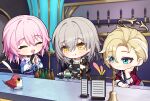  3girls bartender black_corset black_gloves black_jacket blonde_hair blue_jacket cavcaz chibi closed_eyes closed_mouth corset earrings english_commentary flower_ornament gloves gradient_jacket green_eyes grey_hair halo highres honkai:_star_rail honkai_(series) jacket jewelry long_sleeves march_7th_(honkai:_star_rail) multiple_girls open_mouth origami_bird_(honkai:_star_rail) partially_fingerless_gloves pink_hair pink_jacket shirt single_earring single_glove siobhan_(honkai:_star_rail) stelle_(honkai:_star_rail) tied_jacket tongue tongue_out trailblazer_(honkai:_star_rail) white_shirt yellow_eyes 