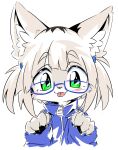  2024 4_fingers anthro black_nose blep blush canid canine chibi clothed clothing digital_media_(artwork) eyewear female female_anthro fingers fox fur glasses green_eyes hair hi_res hitonounti icon jacket kemono looking_at_viewer mammal portrait simple_background solo tan_body tan_fur tan_hair tongue tongue_out topwear wearing_glasses white_background white_body white_fur zipper 