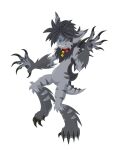 1_eye anthro belly blue_eyes claws deishun_(species) ears_back fan_character fur grey_body grey_fur grey_hair hair male monster paws pivoted_ears pose smile smiling_at_viewer solo spines tail teeth zarjhan_mary