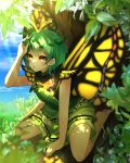  1girl :o antennae arm_support bare_legs barefoot black_dress blue_hair breasts brown_eyes butterfly_wings commentary_request day dress eternity_larva fairy full_body grass green_dress hand_on_headwear highres insect_wings leaf leaf_on_head multicolored_clothes multicolored_dress outdoors short_hair short_sleeves sitting small_breasts soles solo touhou tree wariza wings yellow_wings yoshino_(q_sci) 