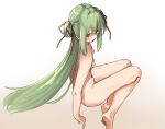  1girl arm_at_side barefoot blunt_bangs blunt_ends blush breasts commentary completely_nude feet foot_out_of_frame from_side green_hair hair_ribbon highres honotuki legs long_hair looking_at_viewer midair murasame_(senren) nipples nude open_mouth red_eyes red_ribbon ribbon senren_banka sideboob sidelocks simple_background sitting small_breasts smile soles solo straight_hair thighs toes two_side_up very_long_hair white_background 
