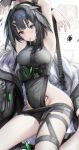  1girl absurdres ahoge arknights armpits arms_up bare_shoulders black_hair commentary_request fingerless_gloves gloves grey_eyes grey_gloves groin hair_intakes head_tilt highres la_pluma_(arknights) looking_at_viewer mouth_hold nopetroto revision short_hair squiggle tattoo thigh_strap thighs 