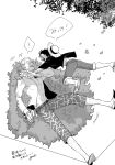  2boys black_hair black_shirt blonde_hair capri_pants donquixote_doflamingo feather_coat hat height_difference highres hug jumping leaf leg_hair male_focus maru_(ymmtstyle) monkey_d._luffy monochrome multiple_boys one_piece open_mouth pants scar scar_on_face shirt short_hair shorts small_sweatdrop smile speech_bubble straw_hat sunglasses teeth thread upper_teeth_only white_shirt 