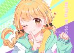  1girl blonde_hair blush braid chiaki1126iove fujita_kotone gakuen_idolmaster heart highres idolmaster index_finger_raised jacket long_hair looking_at_viewer multicolored_clothes multicolored_jacket one_eye_closed open_clothes open_jacket smile solo twin_braids upper_body yellow_eyes 