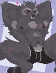 abs anthro armpit_hair armpit_tuft biceps biped black_sclera blaidd_(elden_ring) body_hair canid canine canis chest_hair chest_tuft elden_ring fangs fromsoftware fur grey_body grey_fur hair happy_trail heart_symbol hi_res isaacyote_(artist) looking_at_viewer male male_anthro mammal muscular muscular_anthro muscular_male navel nipples pecs presenting pubes purple_eyes scar simple_background smile solo tail teeth tuft wolf
