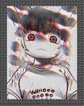  1girl 911servis animal_ears border breasts chromatic_aberration commentary english_commentary furry furry_female highres limited_palette looking_at_viewer medium_breasts medium_hair multicolored_eyes original shirt solo t-shirt upper_body 