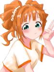  1girl blush cropped_shirt green_eyes hair_ornament hair_scrunchie highres idolmaster idolmaster_million_live! long_hair looking_at_viewer orange_hair sakurada_p scrunchie short_sleeves simple_background solo takatsuki_yayoi twintails upper_body v white_background 