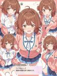  1girl ahoge blue_overskirt blue_ribbon blue_skirt blush breasts brown_cardigan brown_hair button_gap cardigan cleavage collarbone commentary_request dialogue_box embarrassed flying_sweatdrops gakuen_idolmaster grid_background hair_bun hanami_ume hatsuboshi_gakuen_school_uniform highres hiyoko_neneko idolmaster large_breasts long_sleeves looking_at_viewer multiple_views neck_ribbon nose_blush pleated_skirt ribbon school_uniform shirt single_side_bun skirt squiggle sweatdrop thighhighs translation_request wet wet_clothes wet_shirt white_background white_thighhighs 