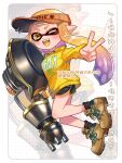  1girl ;d artist_name black_shorts blonde_hair blunt_bangs blush boots brown_footwear colored_tongue dolphin_shorts full_body gradient_hair hat highres holding holding_weapon hood hood_down hoodie inkling inkling_girl inkling_player_character long_hair long_sleeves looking_at_viewer multicolored_hair nautilus_(splatoon) one_eye_closed orange_hat outstretched_arm pointy_ears purple_hair shina_shina shorts smile solo splatoon_(series) teeth tentacle_hair translation_request twintails two-tone_hair upper_teeth_only v very_long_hair visor_cap weapon yellow_eyes yellow_hoodie yellow_tongue zoom_layer 