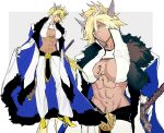  1girl abaraya abs arrancar bleach bleach:_epilogue blonde_hair breast_tattoo breasts cape cleavage_cutout clothing_cutout colored_eyelashes crown dark-skinned_female dark_skin full_body fur-trimmed_cape fur_trim gloves green_eyes hair_between_eyes hand_on_weapon high_heels highres holding holding_cape holding_clothes large_breasts looking_at_viewer mask medium_hair midriff mouth_mask multiple_views pants pelvic_curtain see-through sheath sheathed stomach sword tattoo tier_harribel toned_female two-sided_cape two-sided_fabric weapon white_background white_pants 