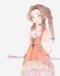  1girl aerith_gainsborough aerith_gainsborough_(garnet&#039;s_gown) black_choker blue_bow bluelimbo8888 bow braid braided_ponytail breasts brown_gloves brown_hair choker cosplay crystal dress final_fantasy final_fantasy_ix final_fantasy_vii final_fantasy_vii_ever_crisis frilled_dress frills garnet_til_alexandros_xvii garnet_til_alexandros_xvii_(cosplay) gloves green_eyes hair_bow high-low_skirt highres holding holding_staff jewelry juliet_sleeves light_blush long_hair long_sleeves looking_at_viewer medium_breasts official_alternate_costume open_mouth orange_dress parted_bangs pendant puffy_long_sleeves puffy_sleeves shirt sidelocks single_braid smile solo staff underbust upper_body white_shirt 