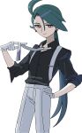  1girl ahoge bright_pupils brown_eyes closed_mouth earrings gloves green_hair hair_between_eyes hand_on_own_hip highres index_finger_raised jewelry long_hair lvetica necktie official_alternate_color pants pokemon pokemon_masters_ex ponytail rika_(pokemon) smile solo stud_earrings suspenders white_gloves white_pupils 