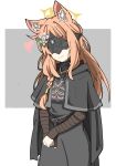  1girl animal_ear_fluff animal_ears black_cape blindfold blue_archive cape capelet cat_ears cat_girl cosplay covered_eyes dark_souls_(series) dark_souls_i fire_keeper fire_keeper_(cosplay) halo heart highres long_hair mask smile solo user_zugh5444 