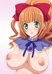  aiba_ruri breasts green_eyes hair_ornament hair_ribbon huge_breasts long_hair nipples orange_hair ponytail ribbon ruri_aiba sacred_seven solo 