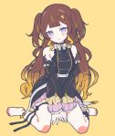  1girl anya_melfissa anya_melfissa_(1st_costume) barefoot black_dress blonde_hair blush bow bowtie breasts brown_hair colored_tips commentary detached_sleeves dress frilled_dress frills full_body hololive hololive_indonesia ishida_aya leg_ribbon long_hair long_sleeves looking_at_viewer multicolored_hair purple_eyes ribbon simple_background sitting sleeveless sleeveless_dress small_breasts smile solo thigh_ribbon two_side_up virtual_youtuber wariza yellow_background 