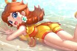  1girl ass beach blue_eyes bow brown_hair earrings flower_earrings gonzarez hair_bow highres in_water jewelry long_hair looking_at_viewer lying mario_(series) mario_kart mario_kart_tour on_stomach open_mouth princess_daisy princess_daisy_(swimwear) smile water waving 