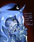  2011 anthro anthrofied blue_body blue_hair crown cum cum_on_face dialog english_text equine female fluffins friendship_is_magic green_eyes hair horn human humanized licking mammal my_little_pony princess_luna princess_luna_(mlp) solo text tongue tongue_out unicorn 