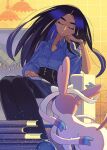  1girl alternate_costume black_hair black_pants blue_shirt book bracelet closed_eyes collared_shirt couch dark-skinned_female dark_skin eyelashes geeta_(pokemon) hand_up hashtag-only_commentary highres indoors jewelry leaning long_hair lvetica pants parted_lips pokemon pokemon_(creature) pokemon_sv shirt sitting sleeping sylveon tile_wall tiles 