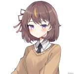  1girl alternate_costume anya_melfissa anya_melfissa_(casual) artkimori black_necktie blush breasts brown_hair brown_vest closed_mouth collared_shirt commentary english_commentary hair_ribbon highres hololive hololive_indonesia jitome looking_at_viewer multicolored_hair necktie orange_hair puckered_lips purple_eyes red_ribbon ribbon shirt short_hair simple_background small_breasts solo streaked_hair twitter_username two-tone_hair upper_body vest virtual_youtuber white_background white_shirt wing_collar 