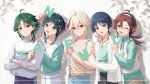  5boys aqua_eyes black_hair black_pants blue_pants crossed_arms facial_mark forehead_mark genshin_impact green_eyes green_hair green_shirt highres jacket kaedehara_kazuha long_sleeves male_focus multicolored_hair multiple_boys one_eye_closed pants purple_eyes red_eyes red_hair scaramouche_(genshin_impact) shikanoin_heizou shirt short_hair suya_(suya_ny) venti_(genshin_impact) vest wanderer_(genshin_impact) white_hair white_pants white_shirt xiao_(genshin_impact) yellow_eyes 