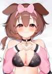  :3 adapted_costume animal_ears animal_print bare_shoulders bed_sheet bikini black_bikini black_choker blush bone_print bow bow_hairband breasts brown_eyes brown_hair choker cleavage collarbone commentary dog_ears dog_girl dog_print double-parted_bangs extra_ears food_print hair_between_eyes hair_bow hair_tie hairband halterneck heart heart_hands highres hololive inugami_korone inugami_korone_(loungewear) jacket large_breasts long_hair looking_at_viewer low-tied_long_hair lying o-ring o-ring_choker off_shoulder official_alternate_hairstyle on_back open_clothes open_jacket pink_jacket print_bikini straight-on swimsuit symbol-only_commentary takumin_dx upper_body virtual_youtuber 