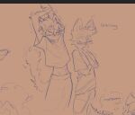 anthro biped blush clothed clothing duo eyewear felid feline female fur glasses hand_covering_face hi_res looking_at_another male male/female mammal midriff staring_at_chest stretching tail tital_wave