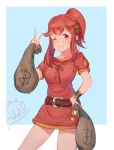  1girl absurdres anna_(fire_emblem) artist_name bag bear_hair_ornament belt blue_background blush border bracer breasts closed_mouth coin collarbone commentary commission dress english_commentary fire_emblem hair_ornament hand_on_own_hip hand_up happy highres holding holding_bag layered_sleeves light_blush looking_at_viewer medium_hair money_bag one_eye_closed outside_border ponytail red_dress red_eyes red_hair second-party_source short_dress short_sleeves sidelocks signature simple_background small_breasts smile solo spindle_(aidenr0) split_mouth thighs v white_border 