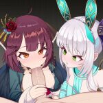  1boy 2girls :&gt;= absurdres ahoge atelier_(series) atelier_sophie_2 between_breasts blush braid breasts clothes_between_breasts cromachina erection fellatio flower green_eyes grey_hair hair_flower hair_ornament hairband hetero highres large_breasts long_hair long_sleeves looking_at_penis looking_at_viewer multiple_girls nipples oral orange_eyes parted_lips penis penis_grab plachta pov red_hair short_hair small_breasts sophie_neuenmuller uncensored 
