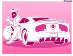 anthro barefoot05 bazoodlez(smecso) car ford ford_mustang gesture hand_gesture hi_res leaning_on_car machine male middle_finger protogen simple_background simple_coloring smug solo thick_thighs vehicle