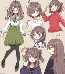  1girl ahoge alternate_costume alternate_hair_length alternate_hairstyle anya_melfissa artkimori black_jacket black_nails black_pantyhose black_ribbon blush breasts brown_background brown_footwear brown_hair closed_mouth commentary detached_sleeves english_commentary expressionless flying_sweatdrops full_body furrowed_brow glasses gradient_hair green_shirt green_skirt hair_down hair_ornament hair_over_one_eye hairclip highres hololive hololive_indonesia hood hooded_jacket jacket knees_together_feet_apart kris_hair_ornament licking_lips long_hair long_sleeves looking_at_viewer low_ponytail medium_hair multicolored_hair multiple_views nail_polish neck_ribbon open_mouth orange_hair pantyhose pinky_out pleated_skirt purple_eyes red_jacket ribbon semi-rimless_eyewear shirt shirt_tucked_in shoes short_hair simple_background skirt small_breasts smile sparkle standing streaked_hair striped_clothes striped_shirt tongue tongue_out track_jacket twitter_username two-tone_hair virtual_youtuber wavy_hair white_shirt 