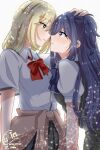  2girls absurdres black_vest blonde_hair blue_bow blue_bowtie blue_hair bow bowtie ciel_cl2525 clothes_around_waist collared_shirt commentary_request dated english_commentary eyecon from_side green_eyes hand_on_another&#039;s_head highres izumi_shiho jacket jacket_around_waist light_particles long_hair mixed-language_commentary mizuguchi_aki multiple_girls noses_touching one_side_up parted_lips profile purple_eyes red_bow red_bowtie sasayaku_you_ni_koi_wo_utau school_uniform shirt signature simple_background smile twitter_username vest white_background white_shirt yuri 