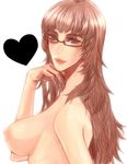  1girl atlus breasts brown_eyes brown_hair catherine catherine_(game) eyebrows female glasses heart katherine_mcbride large_breasts long_hair looking_at_viewer nail_polish nipples nude pmg_(kotorisan) shirtless sideboob simple_background solo topless white_background 