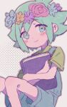  1boy basil_(headspace)_(omori) basil_(omori) blue_overalls blush closed_mouth flower green_eyes green_hair green_shirt head_wreath looking_at_viewer male_focus mnmn0406 omori overall_shorts overalls shirt short_hair smile solo 