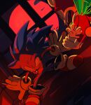  2boys animal_ears animal_nose chaoslose chip_(sonic) commentary english_commentary fingernails flying furry furry_male gloves highres indoors looking_at_another male_focus multiple_boys open_mouth scared sharp_fingernails shoes sonic_(series) sonic_night_of_the_werehog sonic_the_hedgehog sonic_the_werehog sonic_unleashed standing tail torn_clothes torn_gloves transformation white_gloves wings 