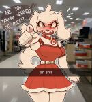 2024 anthro blush breasts bullseye_(target) canid canine canis claws clothing collar digital_media_(artwork) domestic_dog dress embarrassed english_text eye_patch_(marking) facial_markings female female_anthro floppy_ears fur gesture hair hand_gesture head_markings hi_res looking_at_viewer lop_ears mammal markings mascot open_mouth patch_(marking) pawpads paws photo_background photography_(artwork) pointing red_clothing red_dress sharp_teeth snapchat solo spot_(jayrnski) tail target_corporation teeth text thick_thighs tongue tuft unattendedmilk_(artist) white_body white_fur white_tail
