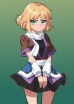  absurdres black_shirt black_skirt blonde_hair blue_overskirt brown_jacket closed_mouth cowboy_shot fluffywings gradient_background green_background green_eyes highres jacket looking_at_viewer mizuhashi_parsee pointy_ears scarf shirt short_hair simple_background skirt touhou v-shaped_eyebrows white_arm_warmers white_scarf 