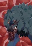 2024 abstract_background black_nose blood blood_in_mouth blood_on_face bodily_fluids canid canine canis colored eating eating_flesh eldritch_abomination eye_scar facial_scar fear_and_hunger female feral flesh fluffy fur grey_body grey_fur hi_res houndtaur looking_at_viewer mammal missing_eye moonless no_pupils open_wound quadruped red_background scar shaded sharp_teeth signature simple_background solo standing teeth torn_flesh vein whiskers wolf wounded yellow_sclera