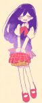  1girl basket blush closed_eyes colored_skin highres holding holding_basket long_hair mari_(headspace)_(omori) mari_(omori) mnmn0406 omori open_mouth picnic_basket pleated_skirt purple_hair purple_sweater_vest red_footwear red_skirt short_sleeves skirt smile solo sweater_vest white_skin 