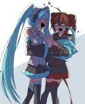  2girls ^_^ aqua_hair bare_shoulders black_shirt black_skirt black_thighhighs blush closed_eyes drill_hair fang feet_out_of_frame gloom_(expression) grey_shirt hato_no_mune_wo_momitai hatsune_miku heart highres holding_hands interlocked_fingers kasane_teto miniskirt multiple_girls necktie nervous_smile nervous_sweating open_mouth prehensile_tail raised_eyebrows red_eyes red_hair shirt sideways_mouth skirt sleeveless sleeveless_shirt smile standing sweat tail thighhighs twin_drills twintails two-tone_background utau vocaloid 
